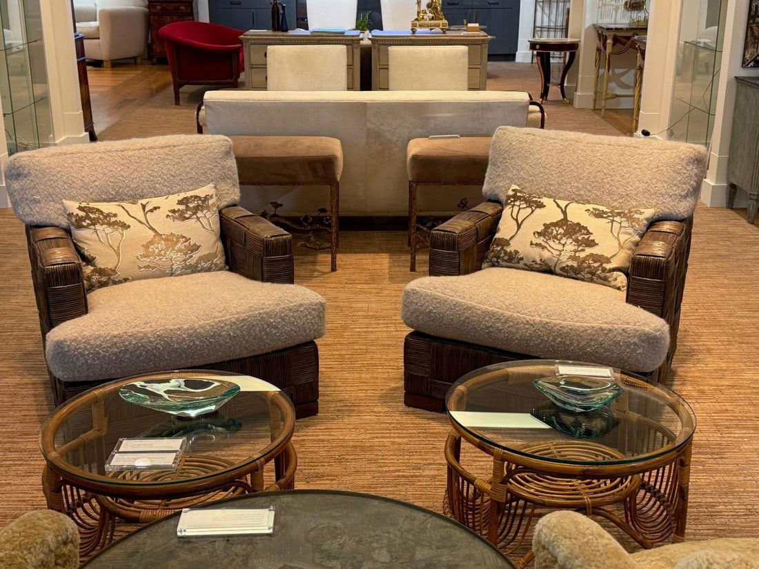 John Hutton, Woven Cane, Mahogany, Oversized Lounge Chairs, USA, 1990s - 4