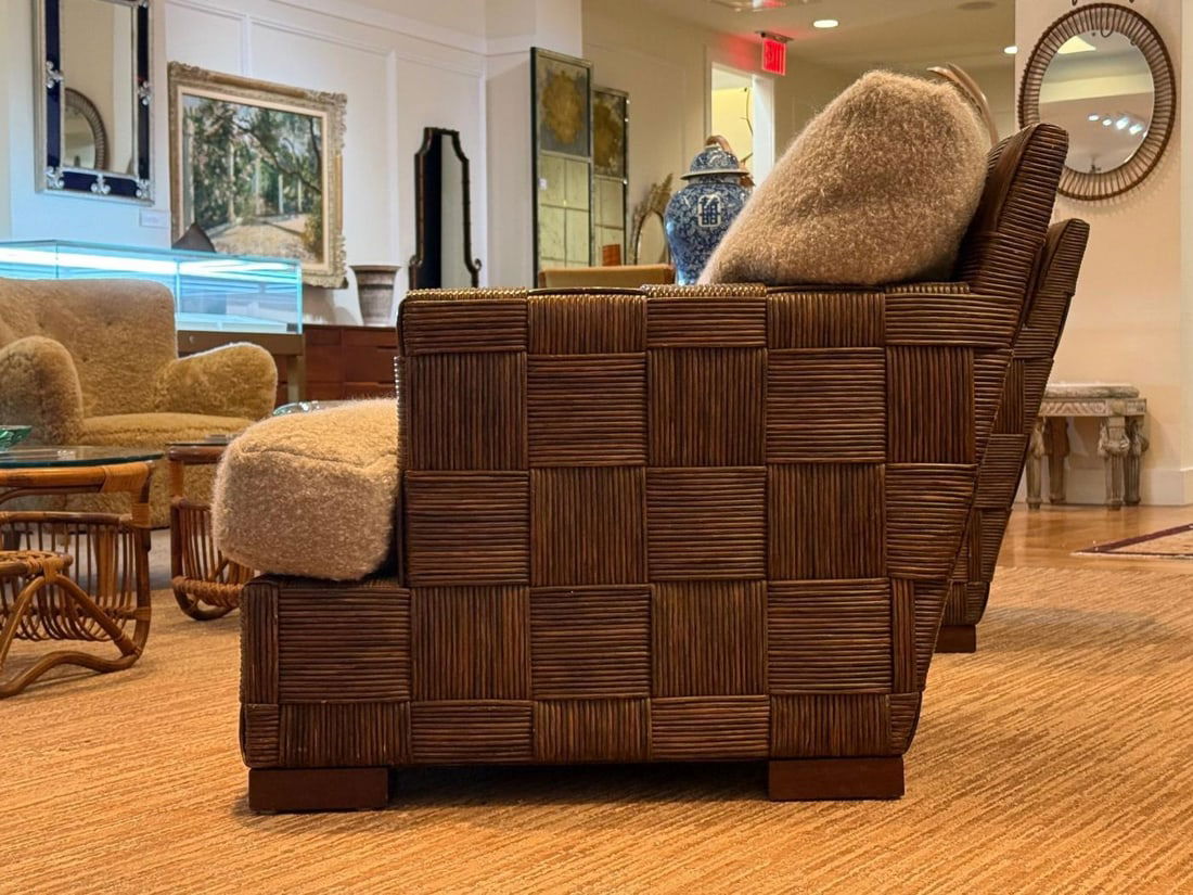 John Hutton, Woven Cane, Mahogany, Oversized Lounge Chairs, USA, 1990s - 7