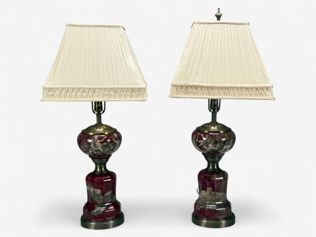 Neoclassical, Cranberry Glass, Decoupage Cherub Table Lamps, USA, 1930s - 10