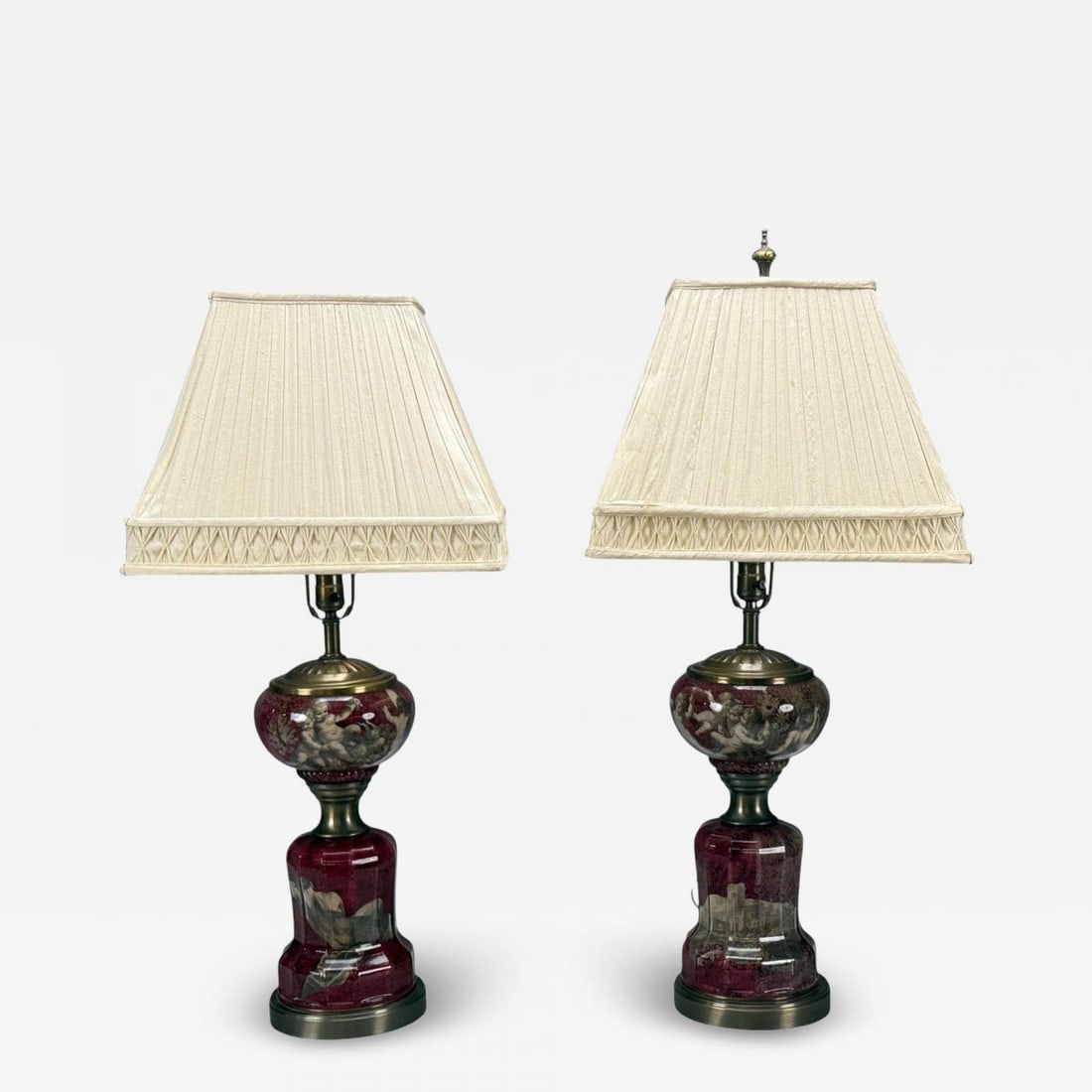 Neoclassical, Cranberry Glass, Decoupage Cherub Table Lamps, USA, 1930s: Title: Neoclassical, Cranberry Glass, Decoupage Cherub Table Lamps, USA, 1930s Description: "Neoclassical, Cranberry Glass, Decoupage Cherub Table Lamps, USA, 1930s Pair of neoclassical cranberry