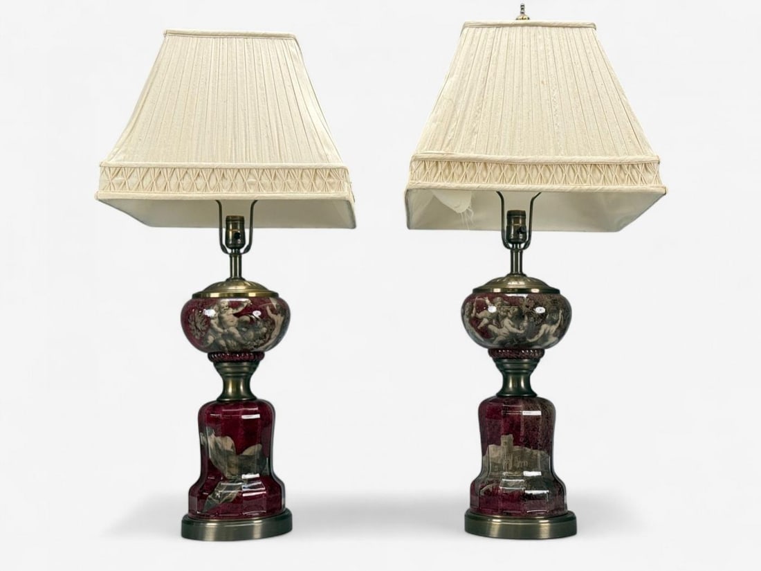 Neoclassical, Cranberry Glass, Decoupage Cherub Table Lamps, USA, 1930s - 2
