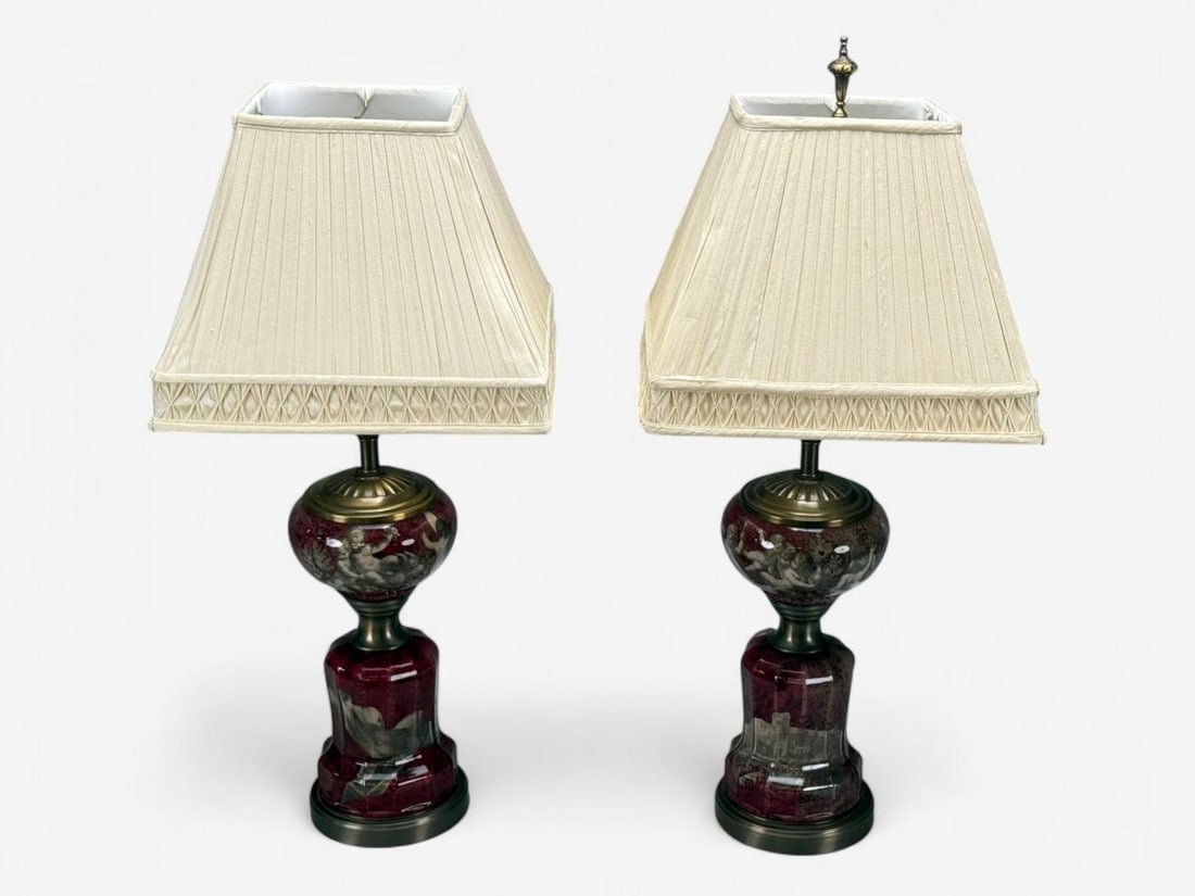Neoclassical, Cranberry Glass, Decoupage Cherub Table Lamps, USA, 1930s - 3
