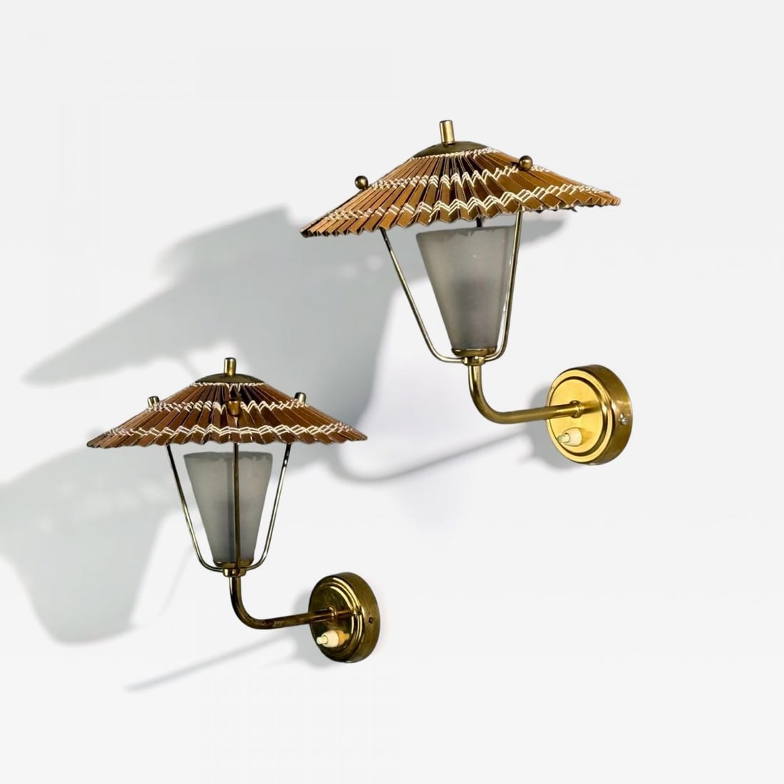 Valinte Oy, Wall Lights, Polished Brass, Frosted Glass, Rattan, Finland, 1950s (1 of 11)