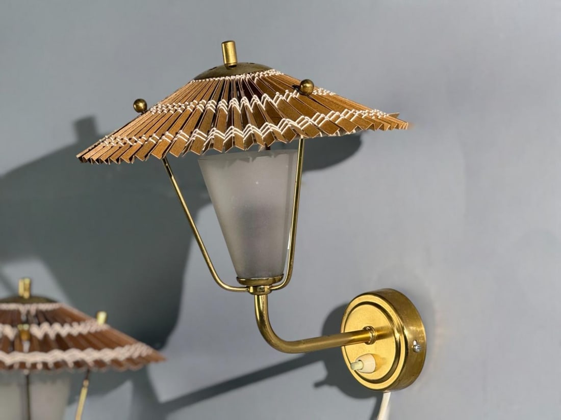 Valinte Oy, Wall Lights, Polished Brass, Frosted Glass, Rattan, Finland, 1950s - 3
