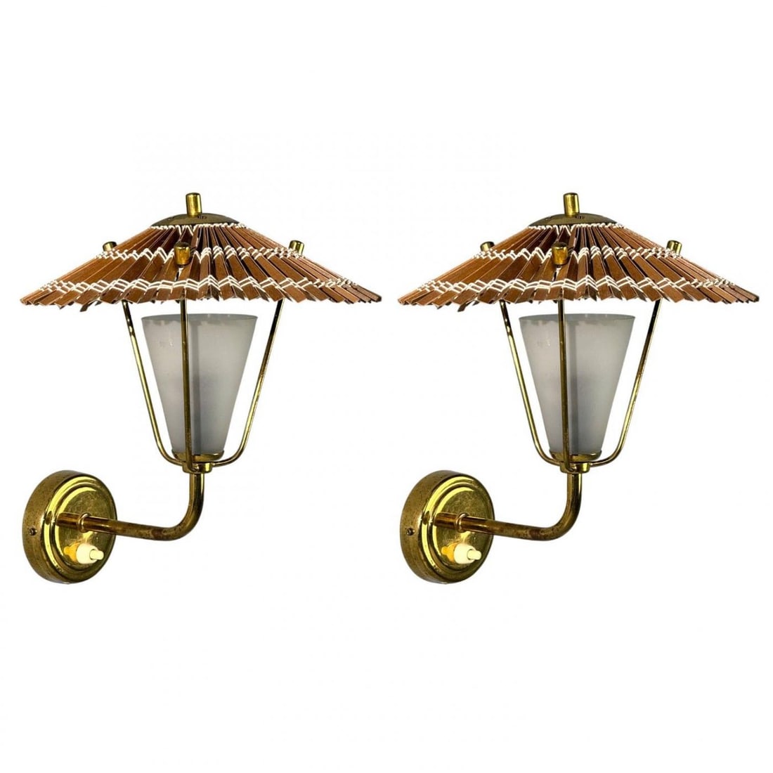 Valinte Oy, Wall Lights, Polished Brass, Frosted Glass, Rattan, Finland, 1950s - 4