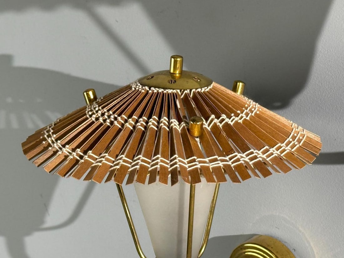 Valinte Oy, Wall Lights, Polished Brass, Frosted Glass, Rattan, Finland, 1950s - 7
