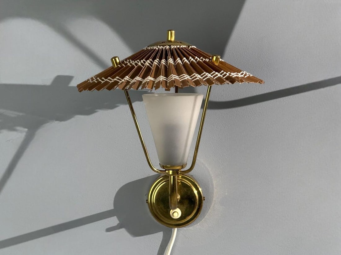 Valinte Oy, Wall Lights, Polished Brass, Frosted Glass, Rattan, Finland, 1950s - 9
