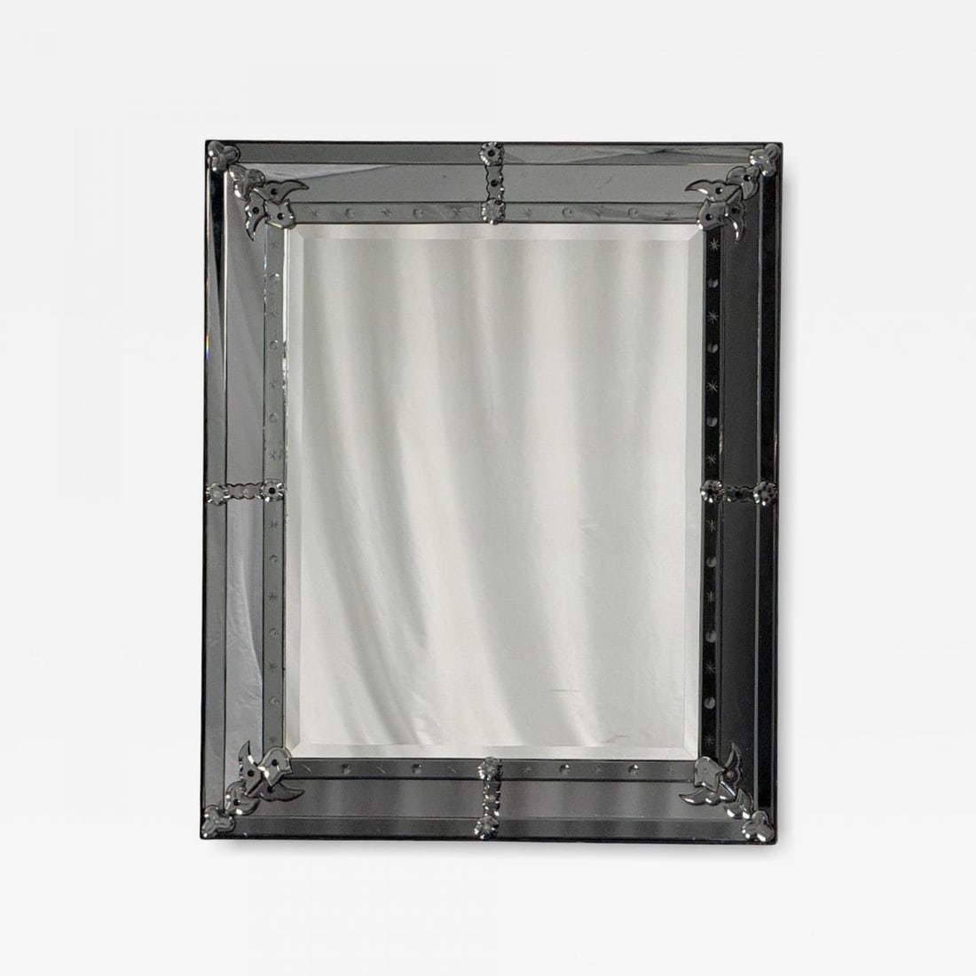 American Modern, Etched Glass, Grey Shadowbox Mirror, USA, 1980s: Title: American Modern, Etched Glass, Grey Shadowbox Mirror, USA, 1980s Description: "American Modern, Etched Glass, Grey Shadowbox Wall or Console Mirror, USA, 1980s A tinted mirror and etched glass