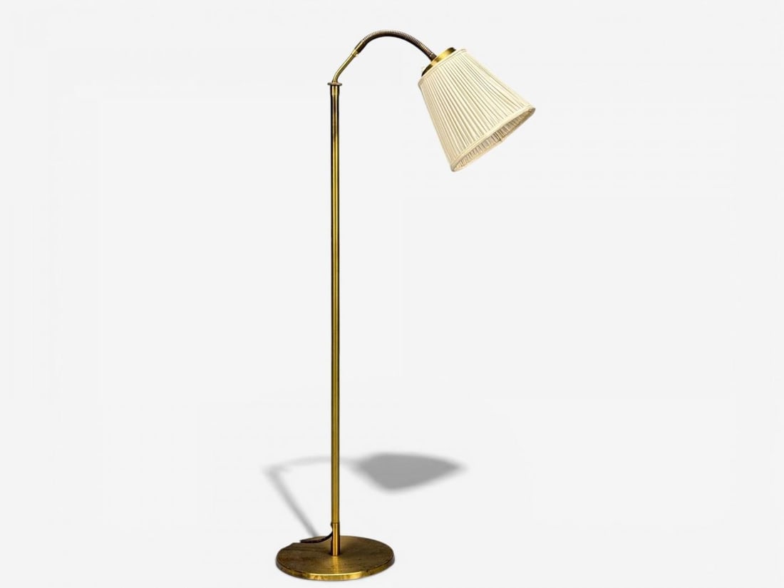 H.W. Armatur, Swedish Modern, Floor Lamp, Brass, Fabric, Sweden, 1940s - 2