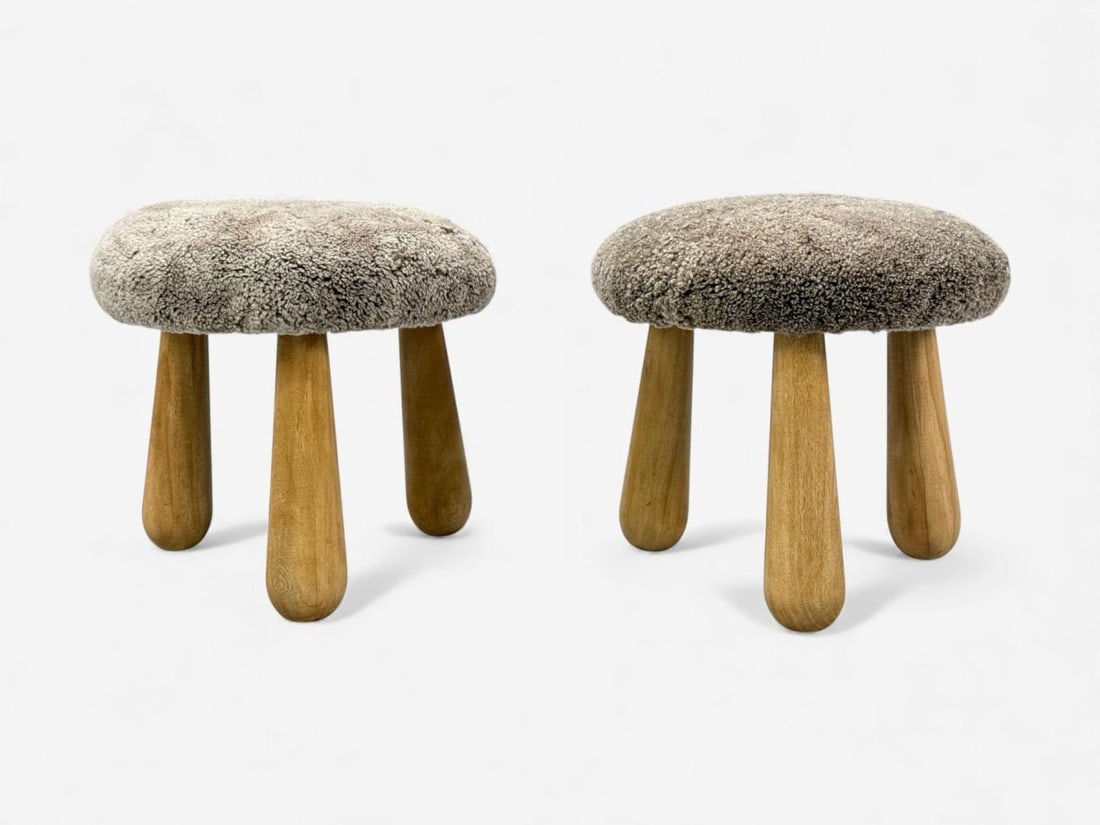 Danish Modern Style, Gray Sheepskin, Maple, Shearling Footstools, 21st c. - 2