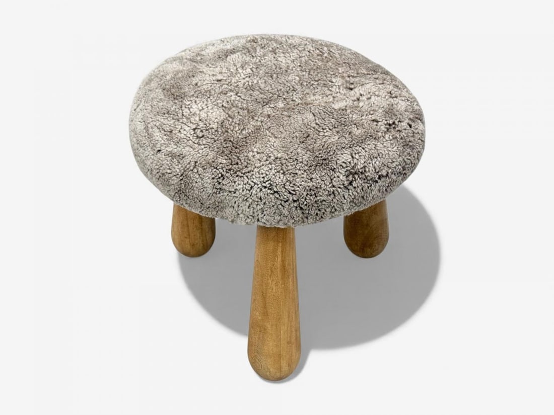 Danish Modern Style, Gray Sheepskin, Maple, Shearling Footstools, 21st c. - 4