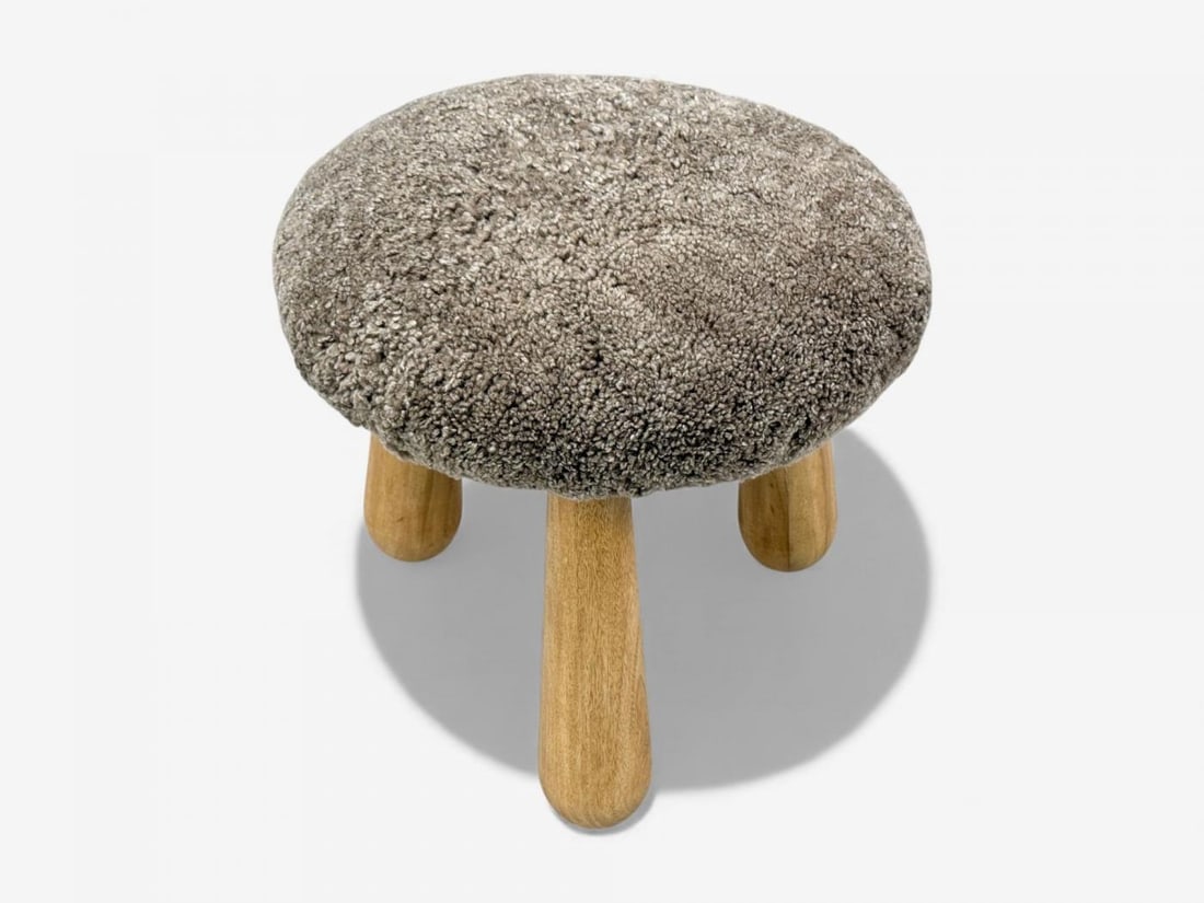 Danish Modern Style, Gray Sheepskin, Maple, Shearling Footstools, 21st c. - 5