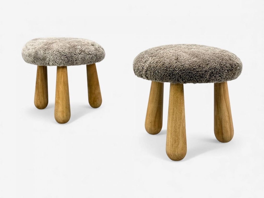 Danish Modern Style, Gray Sheepskin, Maple, Shearling Footstools, 21st c. - 7