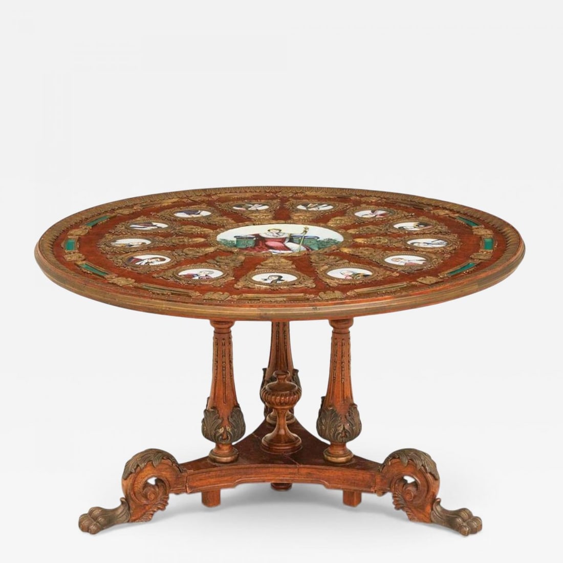 Neoclassical, Mahogany, Napoleonic Plaque Mounted Center Table, France, 1930s: Title: Neoclassical, Mahogany, Napoleonic Plaque Mounted Center Table, France, 1930s Description: "Neoclassical, Mahogany, Bronze, Napoleonic Porcelain Plaque Mounted Center or Accent Table, France,