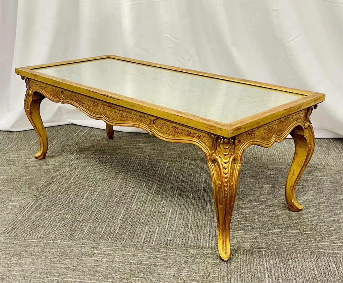Petite Hollywood Regency Style Coffee Table, Giltwood Base, Antiqued Mirror Top - 4