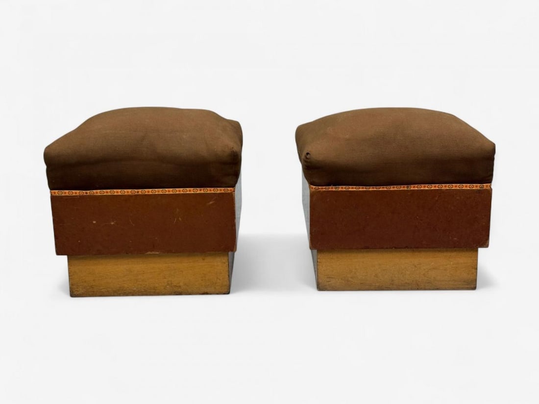 Italian Art Deco, Stained Wood, Brown Fabric, Ottomans or Poufs, Italy, 1930s - 2