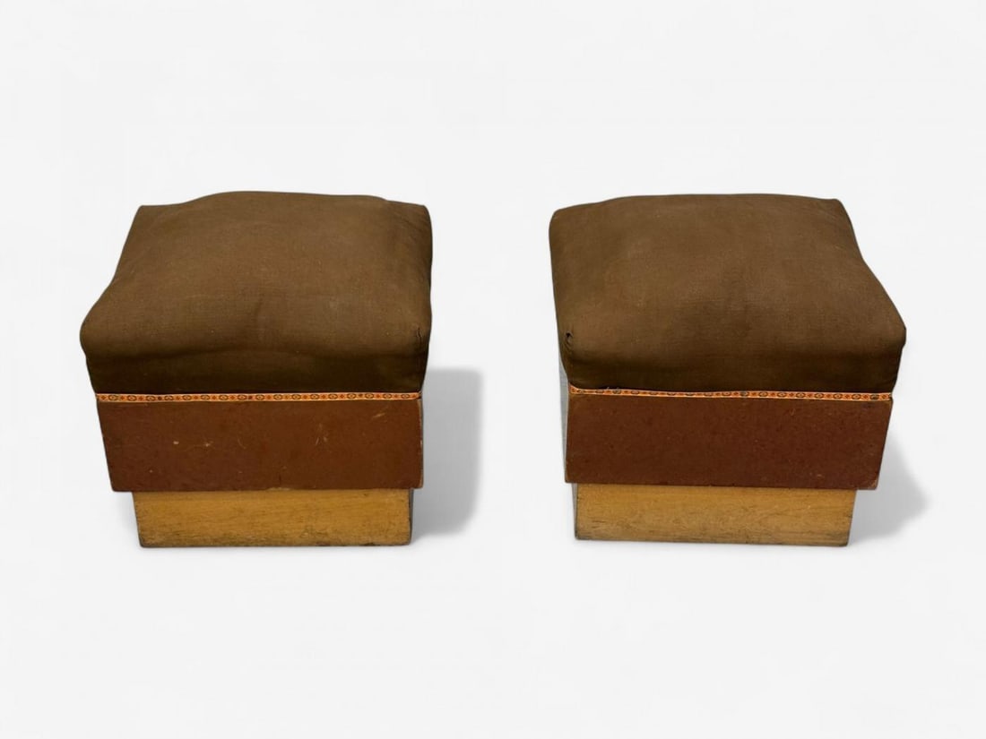 Italian Art Deco, Stained Wood, Brown Fabric, Ottomans or Poufs, Italy, 1930s - 5