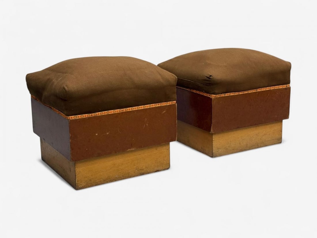 Italian Art Deco, Stained Wood, Brown Fabric, Ottomans or Poufs, Italy, 1930s - 6