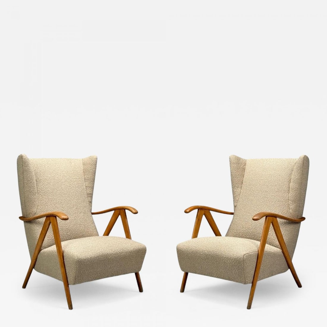Italian Modern, Beige Boucle, Wood, Sculptural Lounge Chairs, Italy, 1960s (1 of 12)