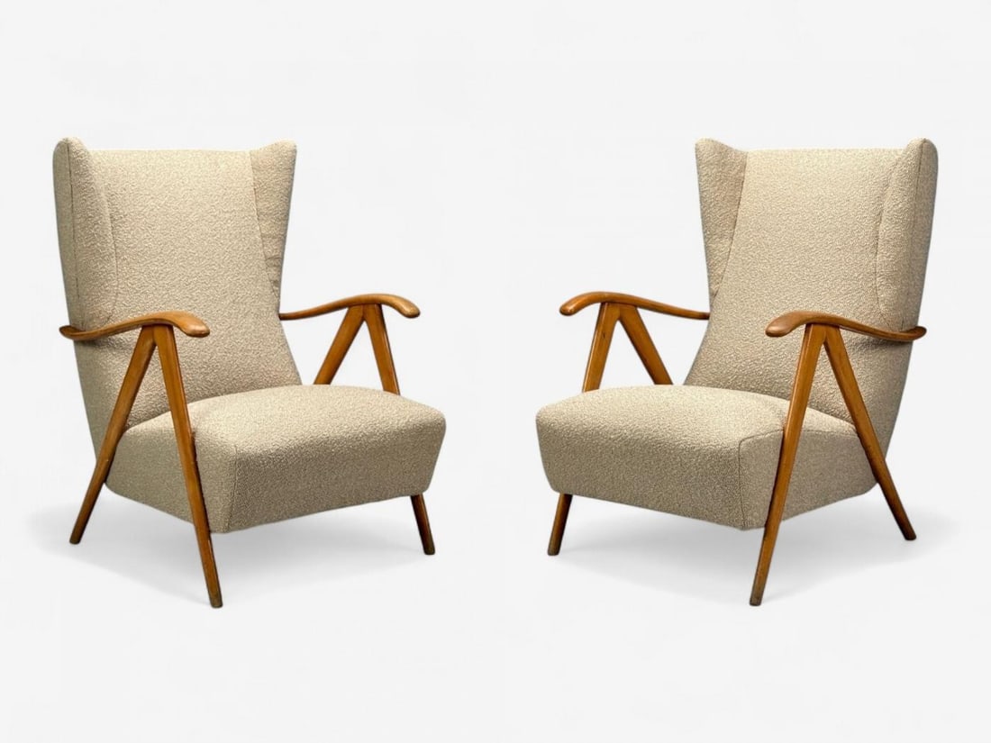 Italian Modern, Beige Boucle, Wood, Sculptural Lounge Chairs, Italy, 1960s - 2