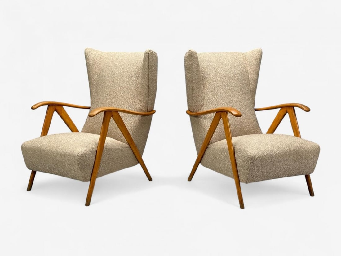 Italian Modern, Beige Boucle, Wood, Sculptural Lounge Chairs, Italy, 1960s - 3