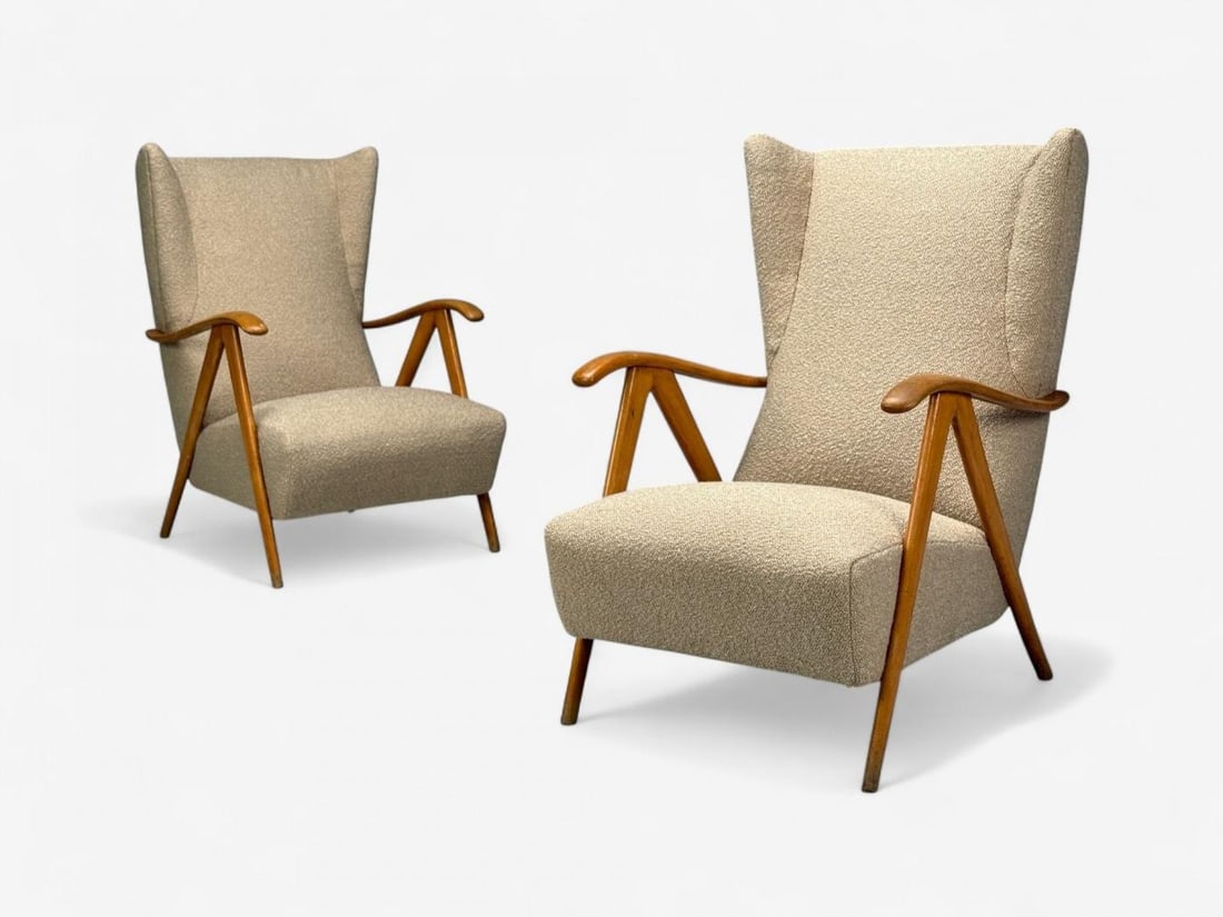 Italian Modern, Beige Boucle, Wood, Sculptural Lounge Chairs, Italy, 1960s - 4