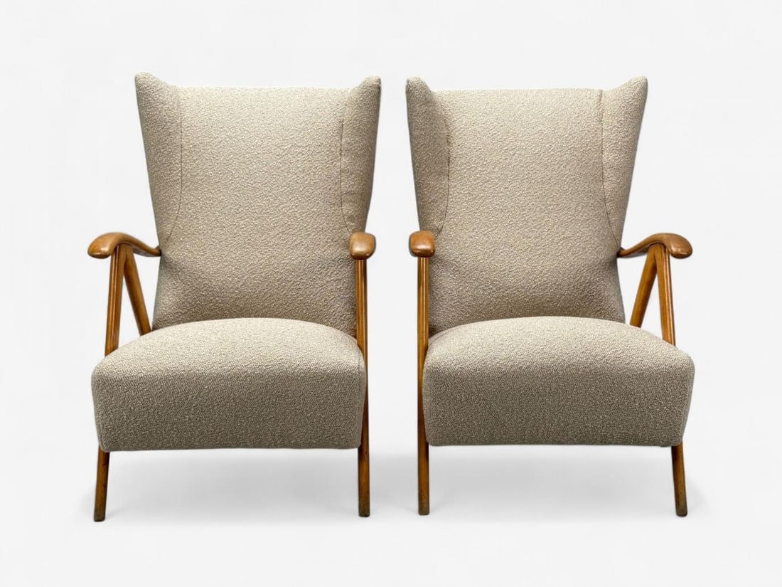 Italian Modern, Beige Boucle, Wood, Sculptural Lounge Chairs, Italy, 1960s - 8