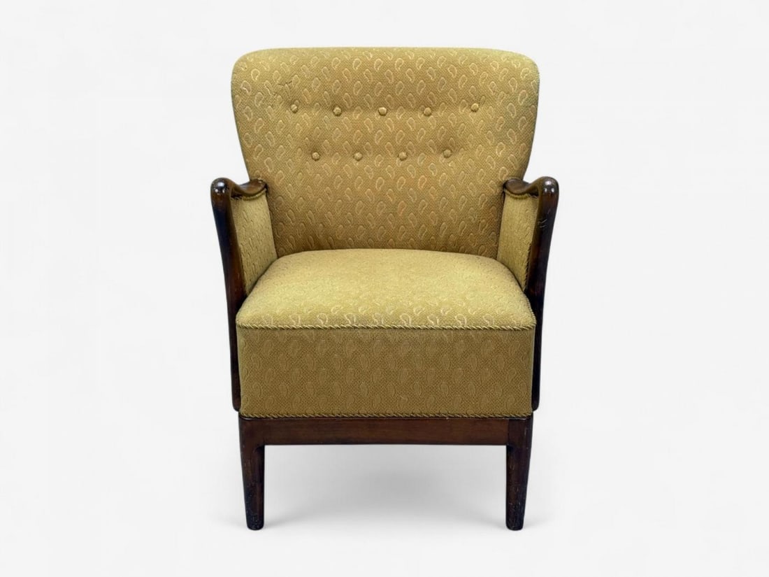 Slagelse Mobelvaerk, Fabric, Wood, Sculptural Arm Chair, Denmark, 1960s - 2