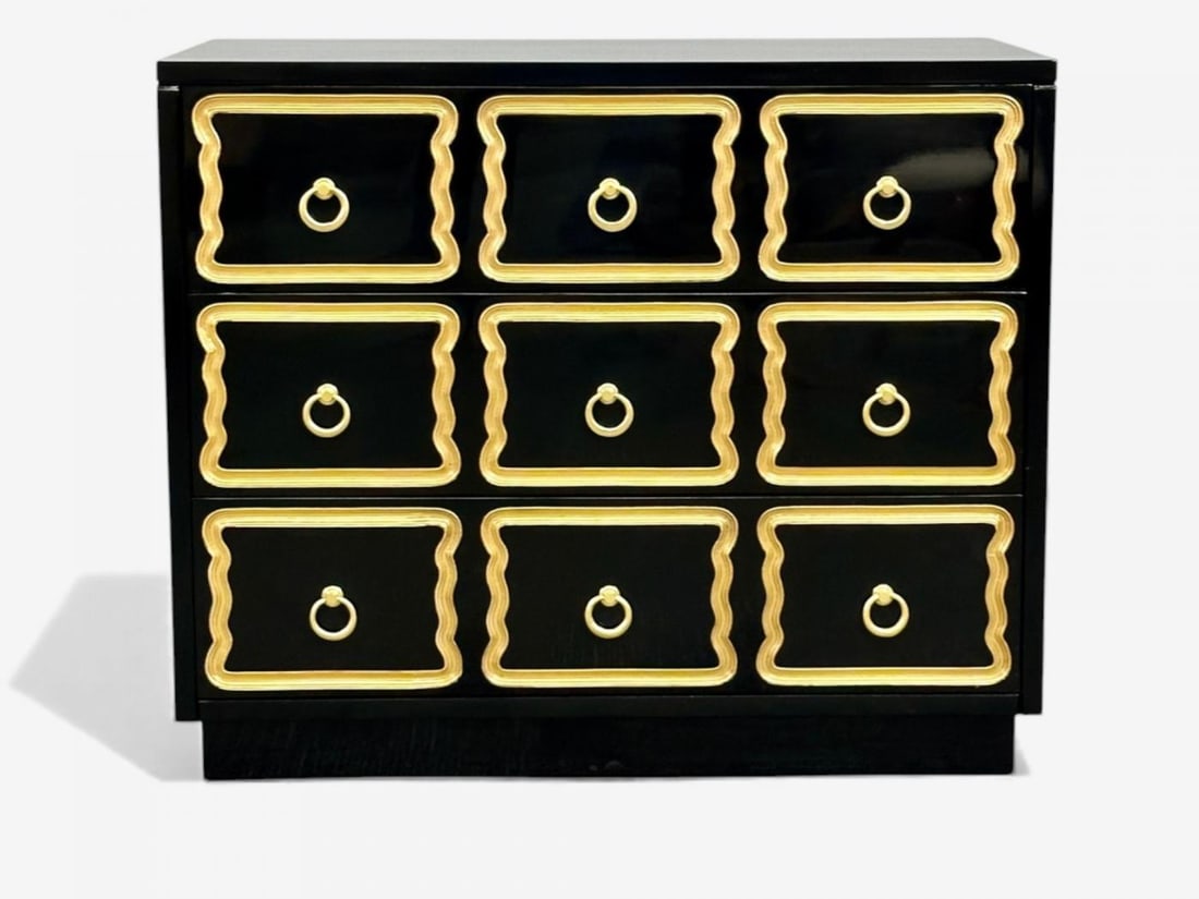 Dorothy Draper Style, Hollywood Regency, Black Lacquer, Gilt, Brass, Commodes - 6