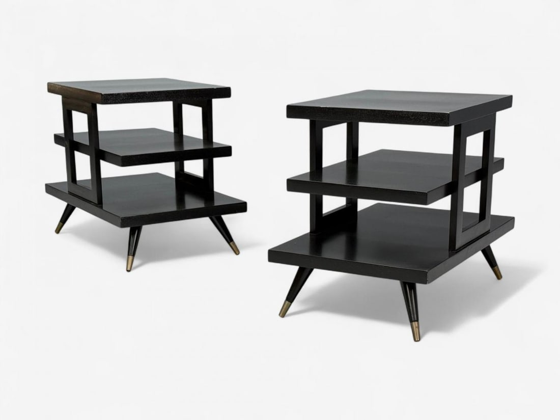 Ico Parisi Style, Ebonized Wood, Brass, Sculptural Side Tables, Europe, 1950s - 2
