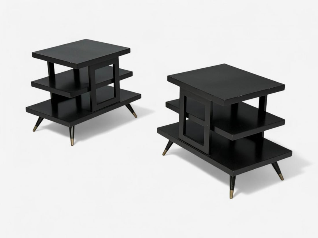 Ico Parisi Style, Ebonized Wood, Brass, Sculptural Side Tables, Europe, 1950s - 3
