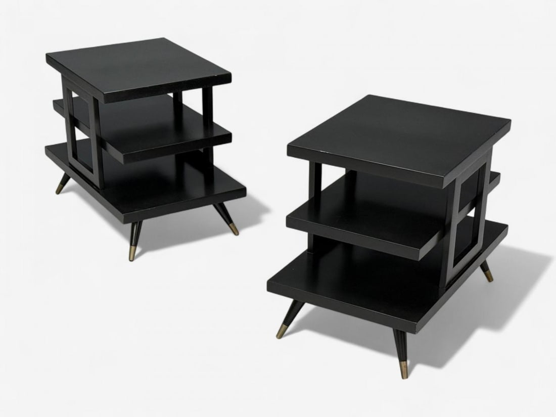 Ico Parisi Style, Ebonized Wood, Brass, Sculptural Side Tables, Europe, 1950s - 4