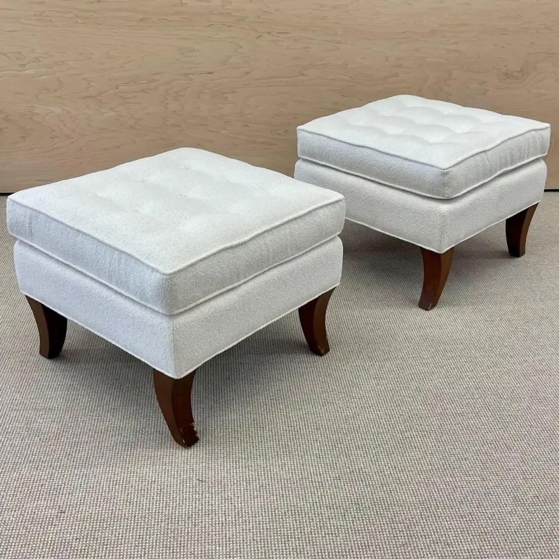 Mid-Century Modern American Designer Tufted Ottomans, Stools, Walnut, Bouclé - 2