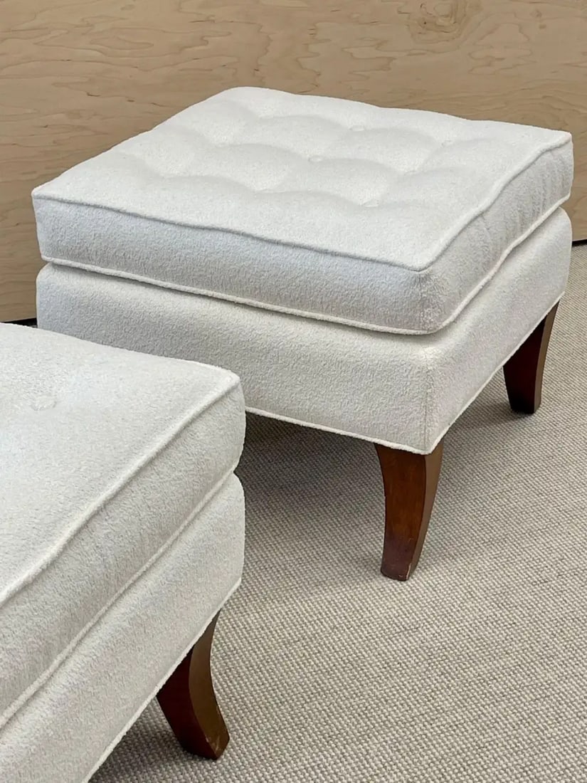Mid-Century Modern American Designer Tufted Ottomans, Stools, Walnut, Bouclé - 5