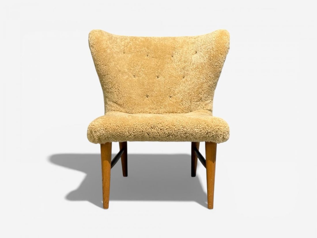 Erik Bertil Karlén, Rare Easy Chair, Beech, Shearling, Sweden, 1940s - 2