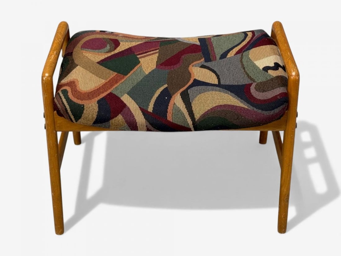 Danish Modern, Aztec Fabric, Light Stained Wood, Footstool, Denmark, 1950s - 2