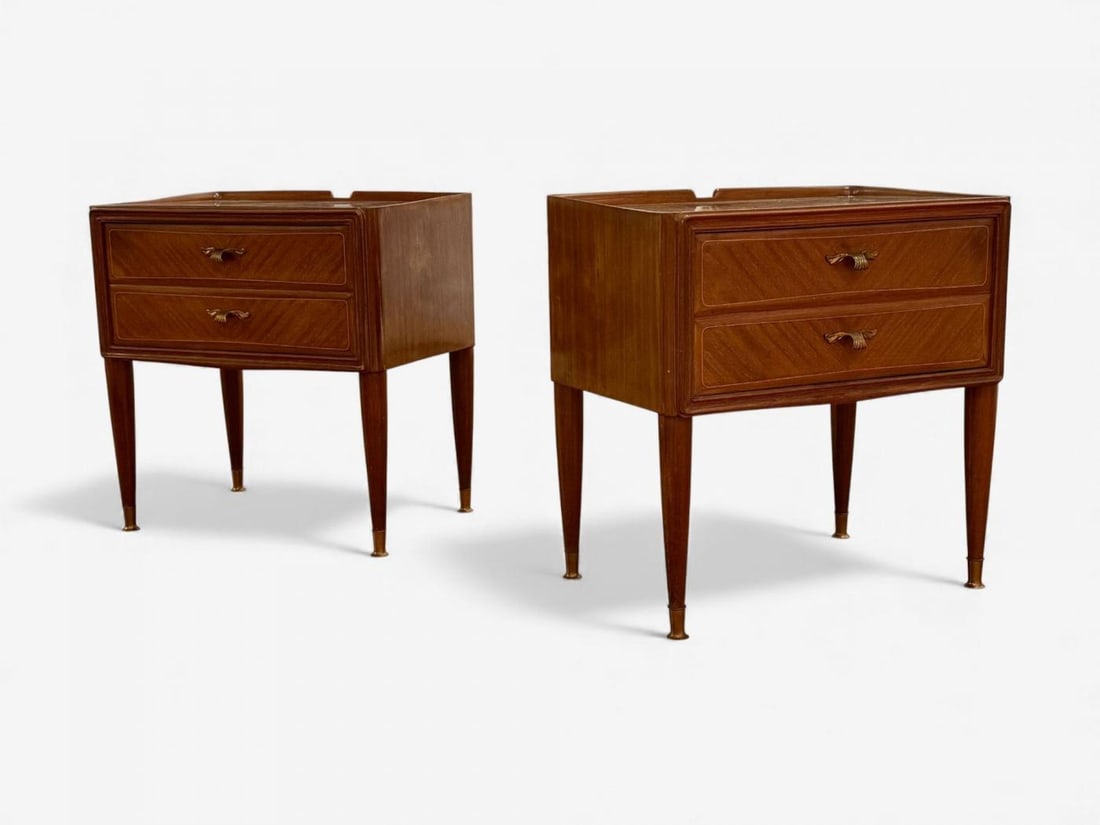 Italian Modern, Stained Wood, Brass, Glass, Nightstands, Italy, 1950s - 3