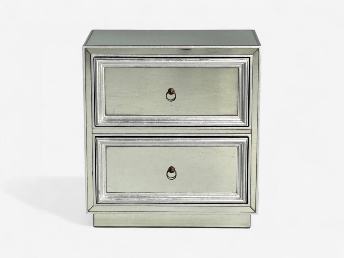 Hollywood Regency Style, Silver Leaf, Distressed Glass, Mirrored Nightstands - 3