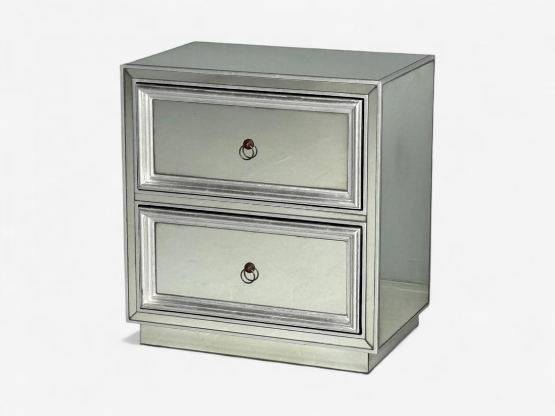 Hollywood Regency Style, Silver Leaf, Distressed Glass, Mirrored Nightstands - 5