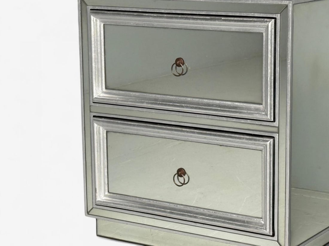 Hollywood Regency Style, Silver Leaf, Distressed Glass, Mirrored Nightstands - 6