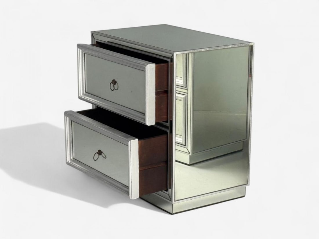 Hollywood Regency Style, Silver Leaf, Distressed Glass, Mirrored Nightstands - 7
