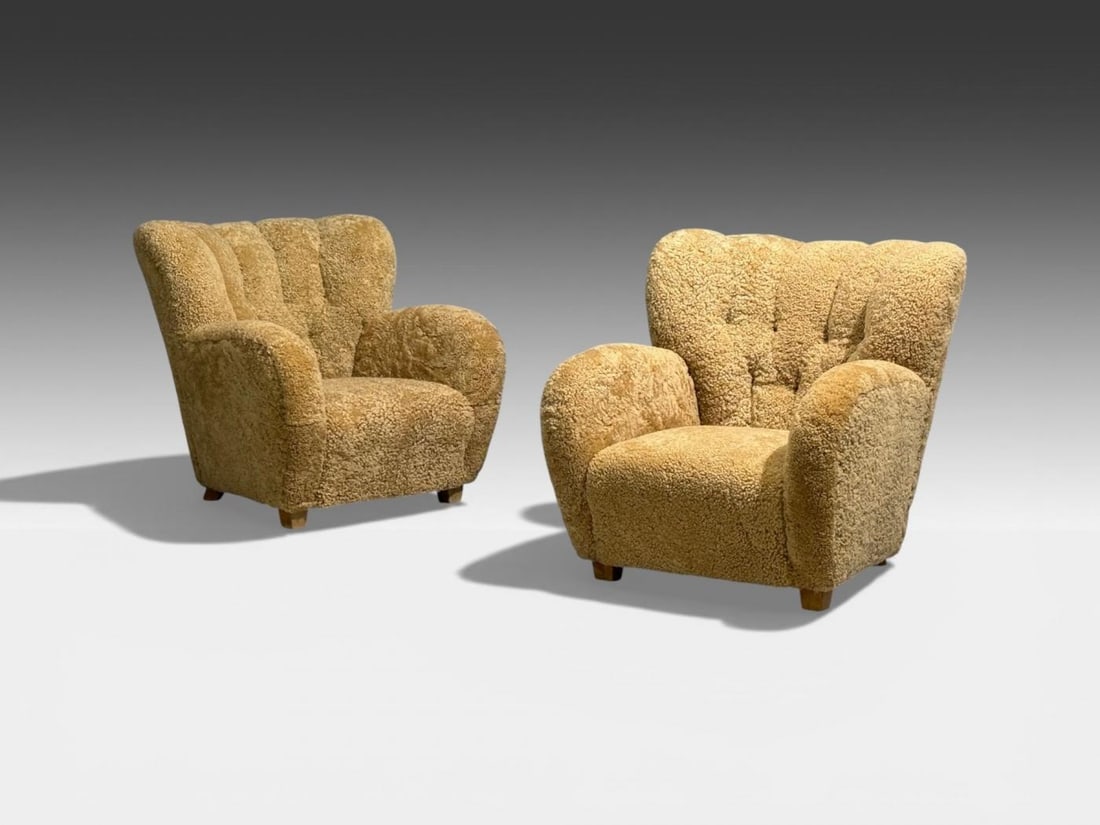 Finnish Modern, Organic Lounge Chairs, Shearling, Wood, Finland, 1940s - 3