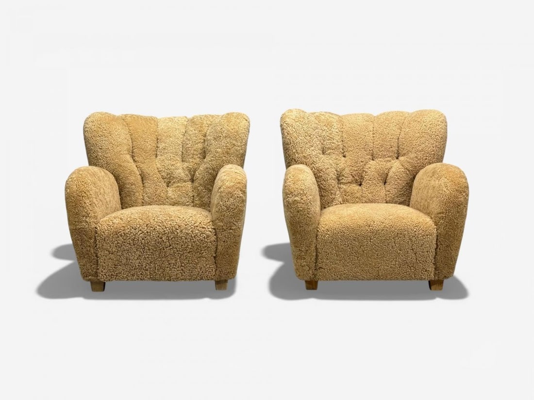 Finnish Modern, Organic Lounge Chairs, Shearling, Wood, Finland, 1940s - 4