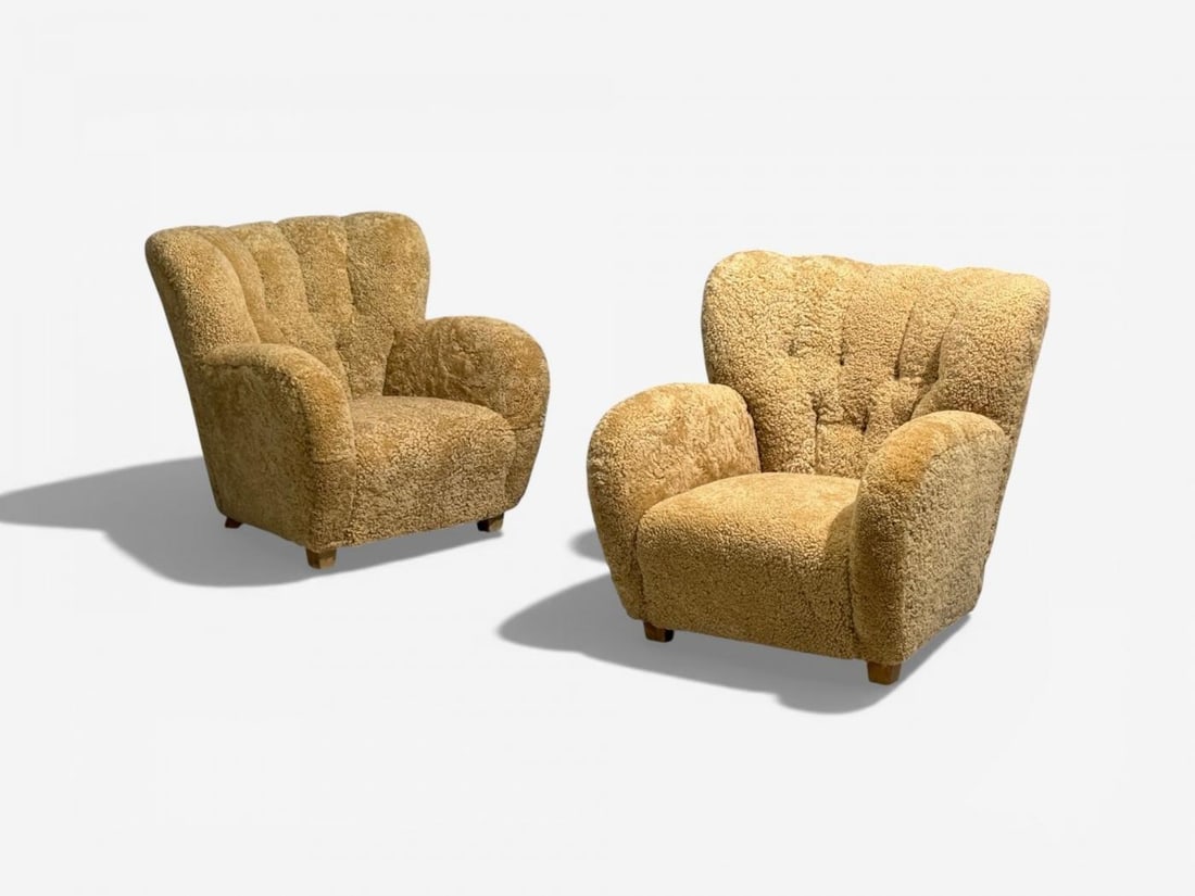 Finnish Modern, Organic Lounge Chairs, Shearling, Wood, Finland, 1940s - 5