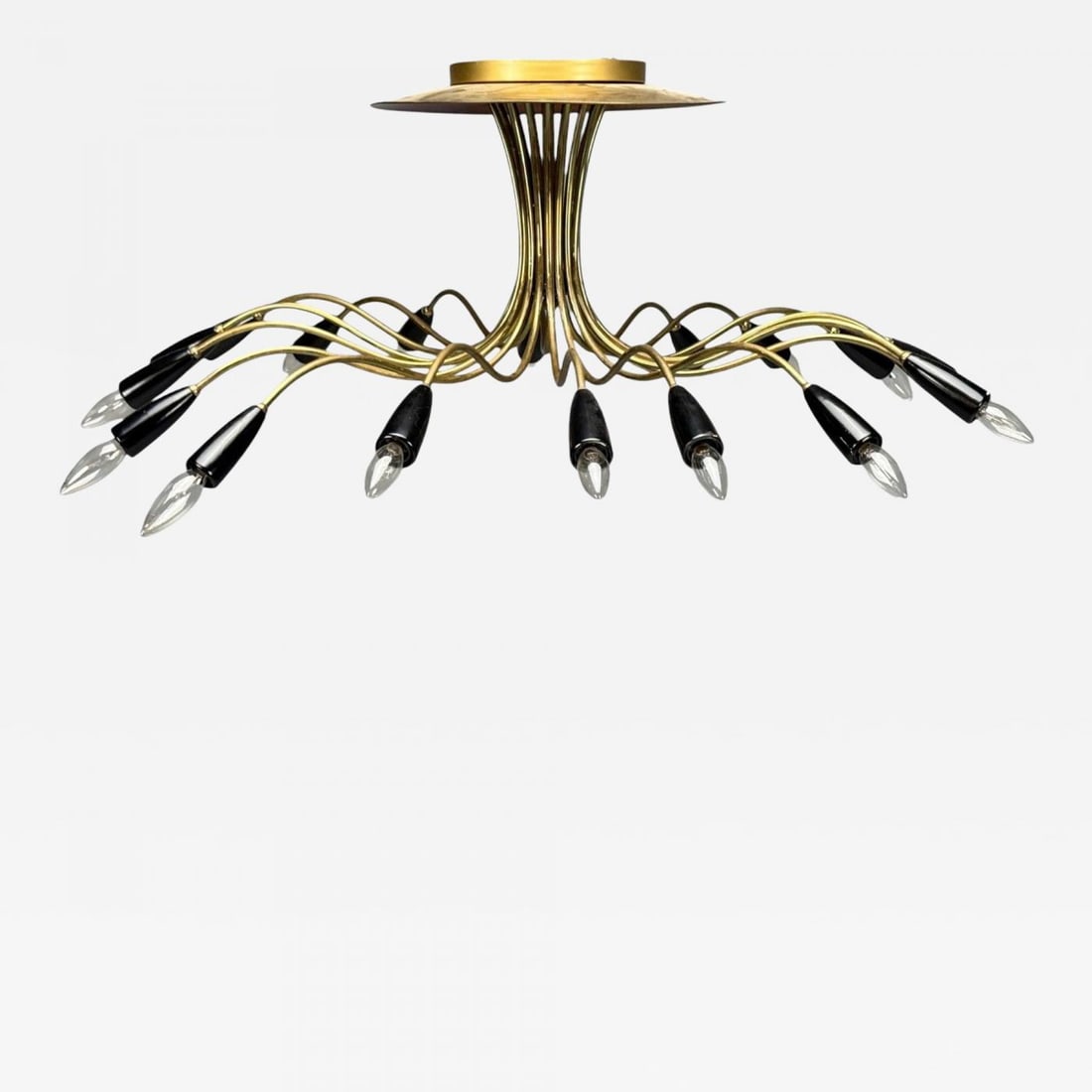 Italian Modern, Enameled Metal, Brass, Chandelier, Italy, 1960s: Title: Italian Modern, Enameled Metal, Brass, Chandelier, Italy, 1960s Description: "Italian Mid-Century Modern, Enameled Metal, Brass, Chandelier, Italy, 1960s A striking 18 light brass and black ena