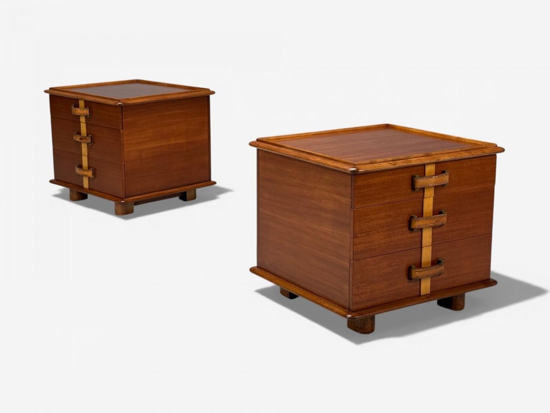 Paul Frankl, Rare Nightstands, Mahogany, Rock Maple, Brass, Leather, USA, 1950s - 3
