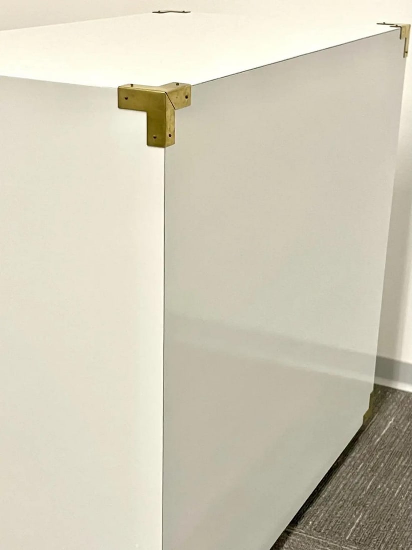 Pair Hollywood Regency Campaign Cabinets, Commodes, Nightstands, White Lacquer - 12