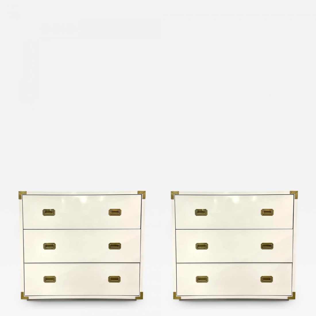 Pair Hollywood Regency Campaign Cabinets, Commodes, Nightstands, White Lacquer (1 of 12)