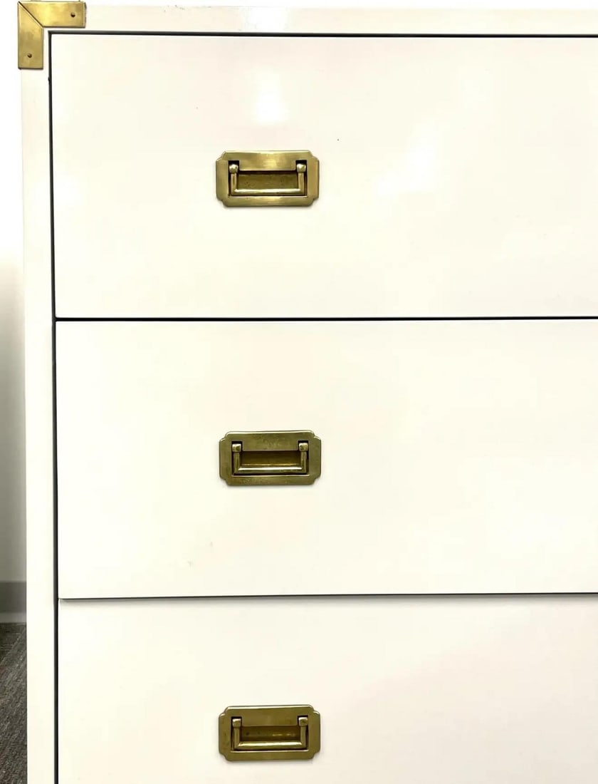 Pair Hollywood Regency Campaign Cabinets, Commodes, Nightstands, White Lacquer - 7