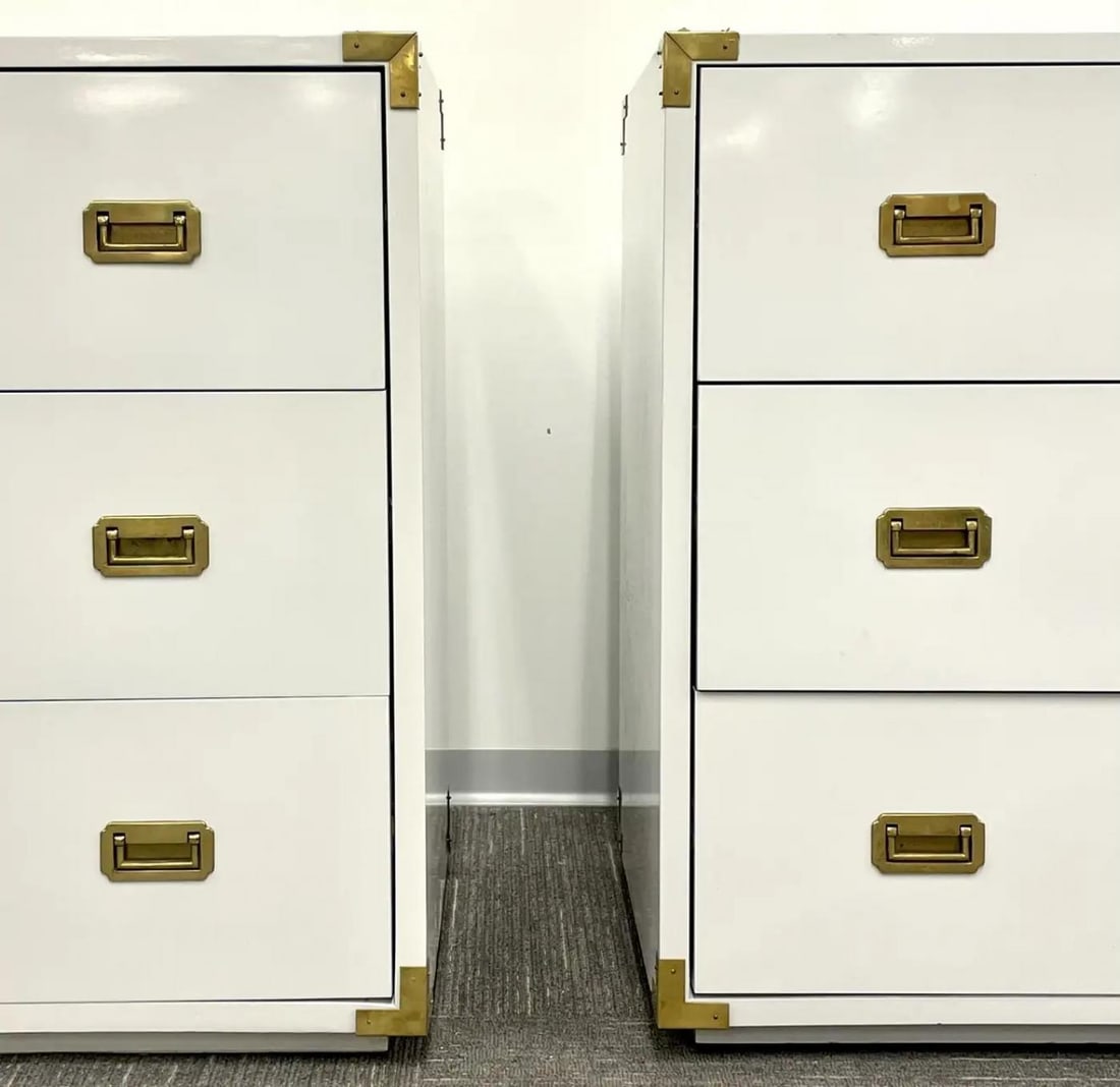 Pair Hollywood Regency Campaign Cabinets, Commodes, Nightstands, White Lacquer - 8